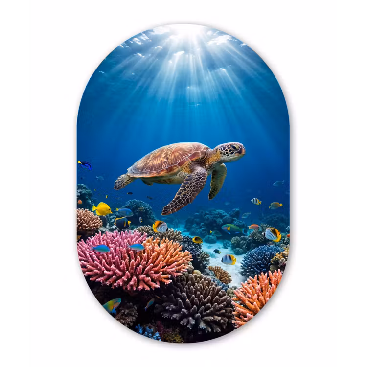 Schildpad - Koraalrif - Oceaan - Dieren - Blauw Wandcirkel Ovaal Forex klein -3d