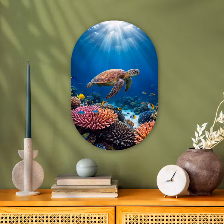 Schildpad - Koraalrif - Oceaan - Dieren - Blauw Wandcirkel Ovaal Forex klein -sfeer2