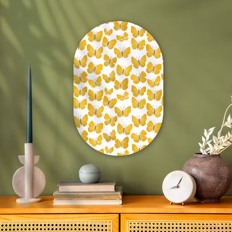 Vlinders - Botanisch - Illustratie - Geel - Wit Wandcirkel Ovaal Forex klein 630 -sfeer2