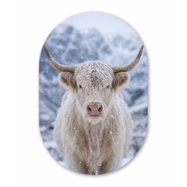 Schotse Hooglander - Sneeuw - Bergen - Winter Wandcirkel Ovaal Forex klein -3d