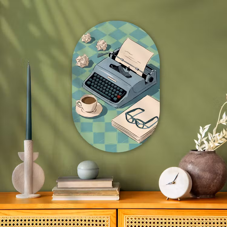 Typemachine - Kantoor - Vintage - Illustratie - Groen Wandcirkel Ovaal Forex klein -sfeer2