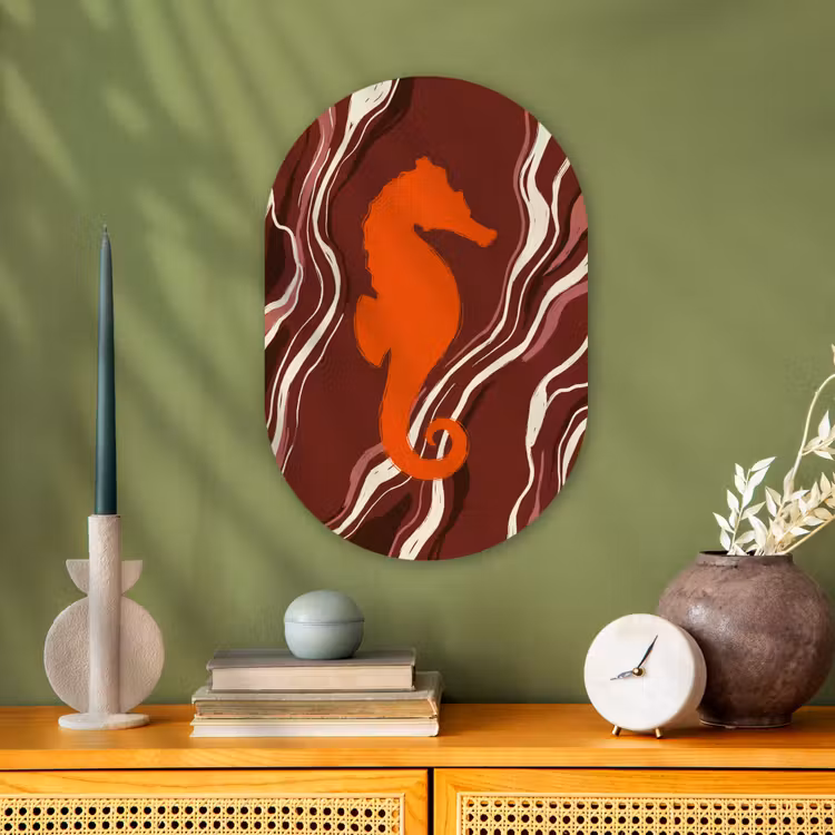 Zeepaardje - Golven - Zeeleven - Abstract - Oranje Wandcirkel Ovaal Forex klein -sfeer2