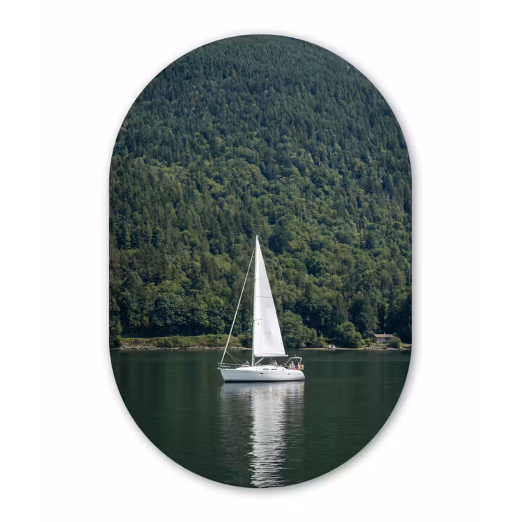 Zeilboot - Water - Bergen - Natuur - Groen Wandcirkel Ovaal Forex klein -3d