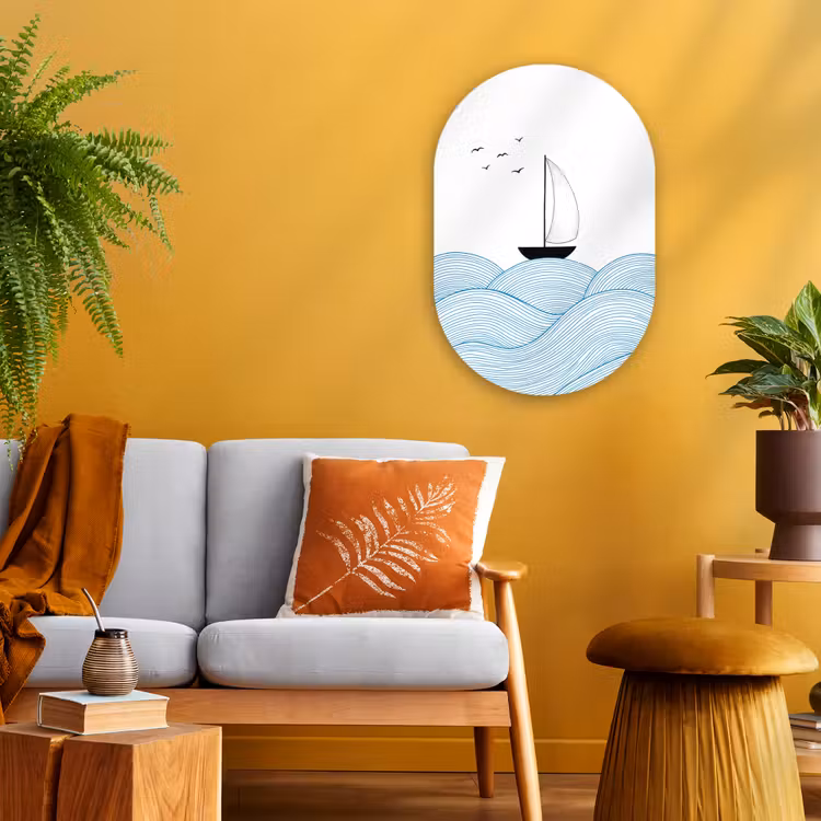 Zeilboot - Golven - Zee - Illustratie - Blauw Wandcirkel Ovaal Forex klein -sfeer4