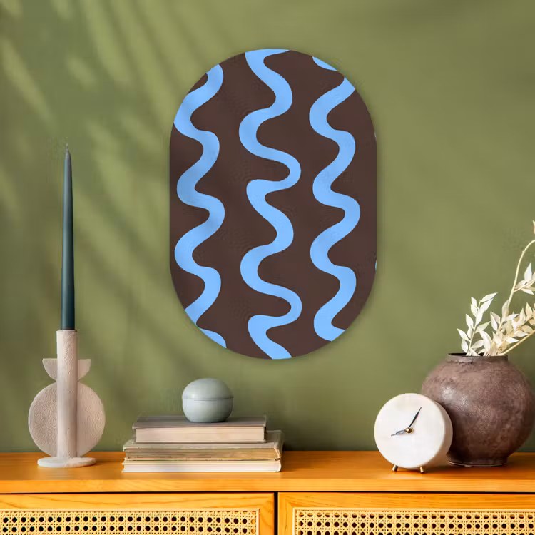 Kronkelende lijnen - Blauw - Bruin - Minimalistisch Wandcirkel Ovaal Forex klein 630 -sfeer2