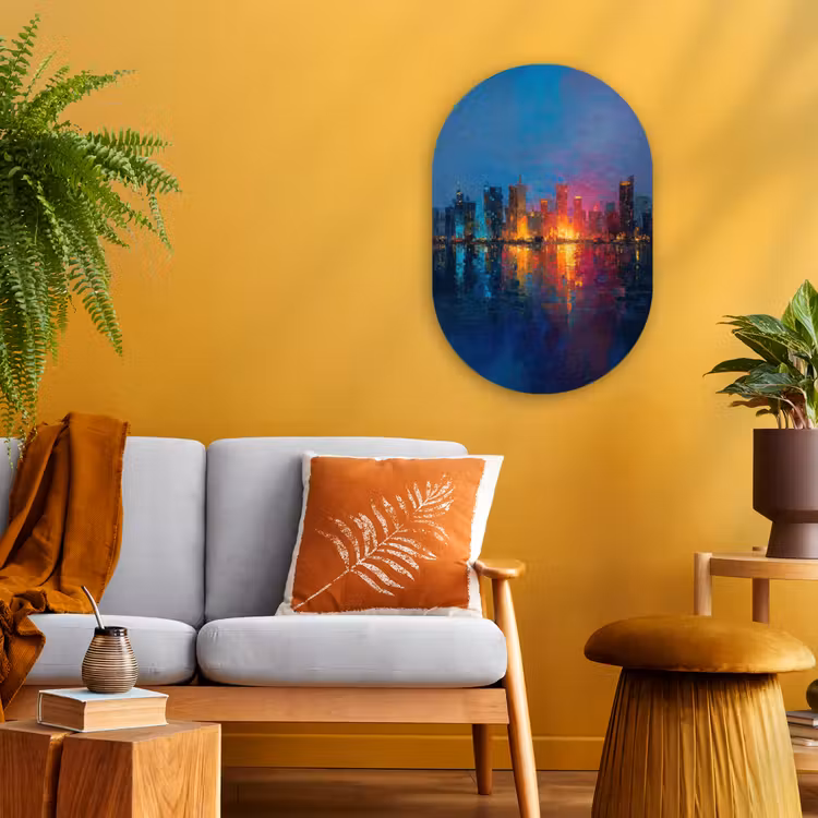 Skyline - Penseelstreken - Donkerblauw - Lichtgevend Wandcirkel Ovaal Forex klein -sfeer4