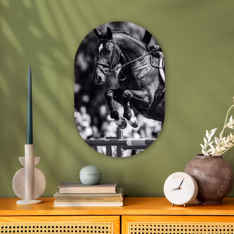 Springen - Paard - Zwart - Wit Wandcirkel Ovaal Forex klein -sfeer2