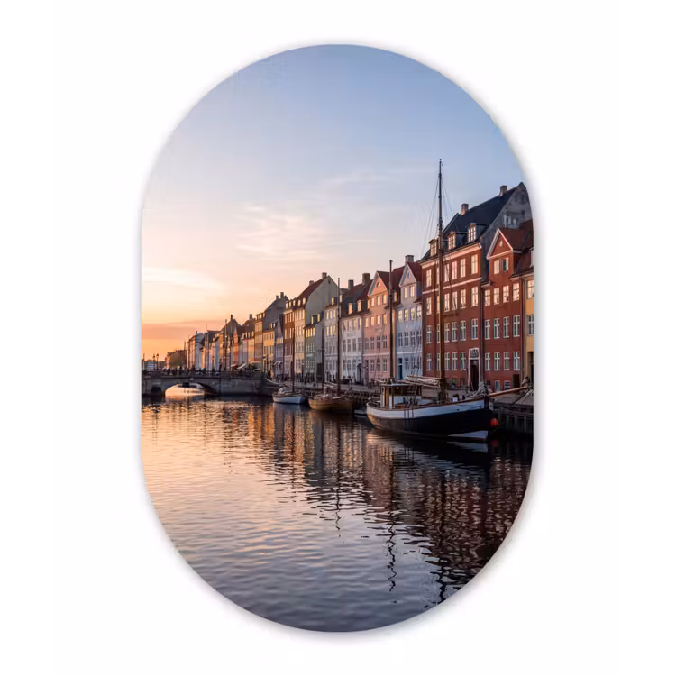 Stad - Gracht - Zonsondergang - Klassiek - Kleurrijk Wandcirkel Ovaal Forex klein -3d