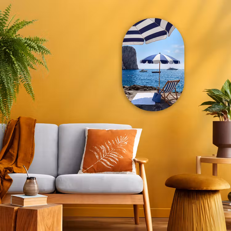 Strand - Ligstoel - Parasol - Zomer - Blauw Wandcirkel Ovaal Forex klein -sfeer4