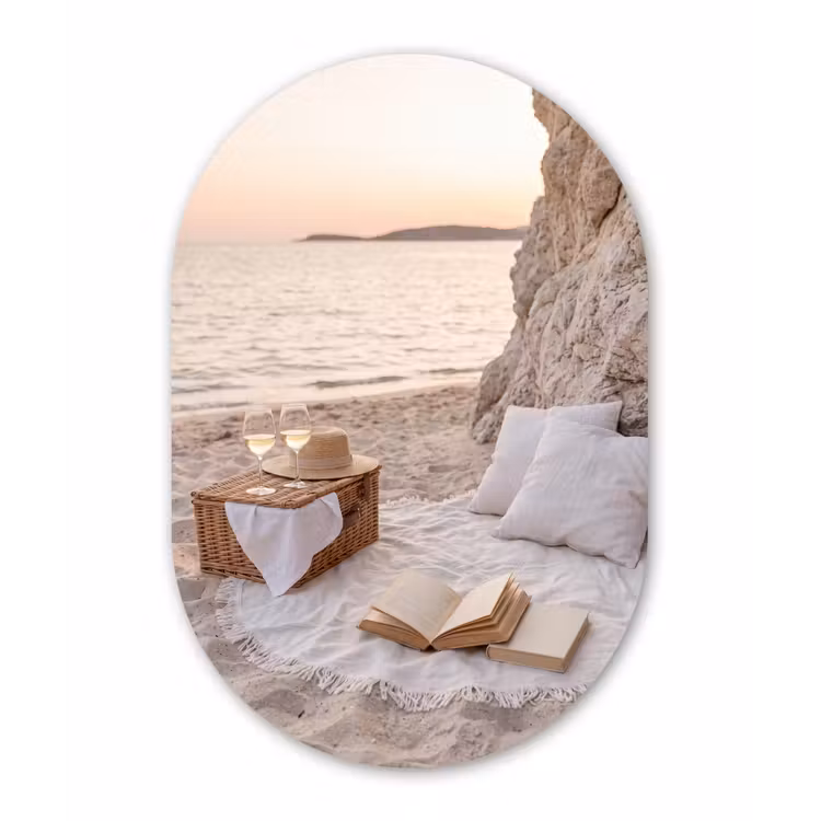 Strand - Picknick - Zonsondergang - Zomer - Natuur Wandcirkel Ovaal Forex klein -3d