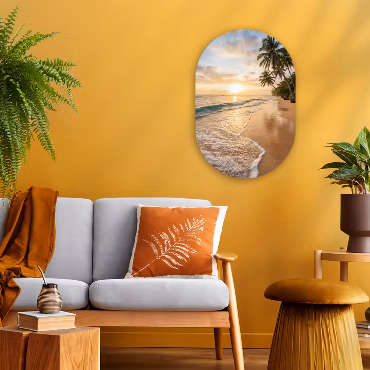 Strand - Zonsondergang - Tropisch - Natuur - Goud Wandcirkel Ovaal Forex klein -sfeer4