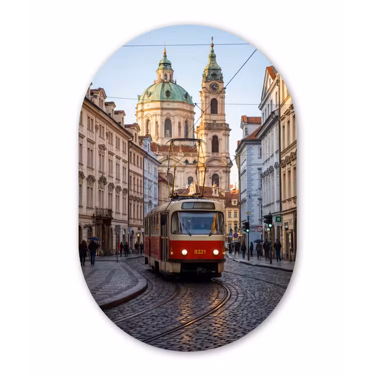 Tram - Straat - Stadsgezicht - Klassiek - Rood Wandcirkel Ovaal Forex klein -3d