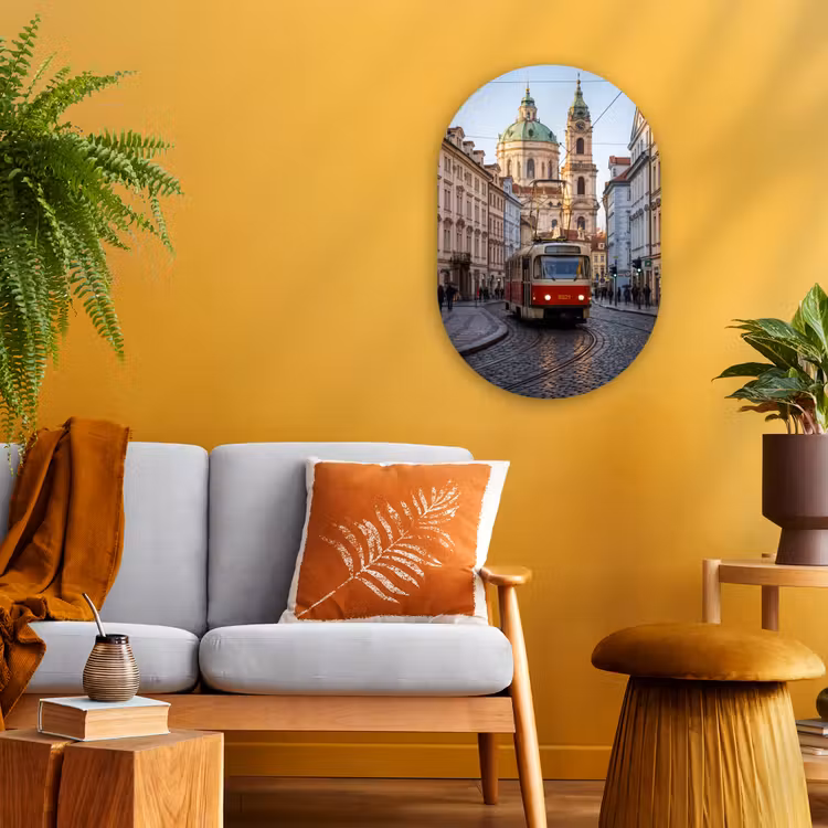 Tram - Straat - Stadsgezicht - Klassiek - Rood Wandcirkel Ovaal Forex klein -sfeer4