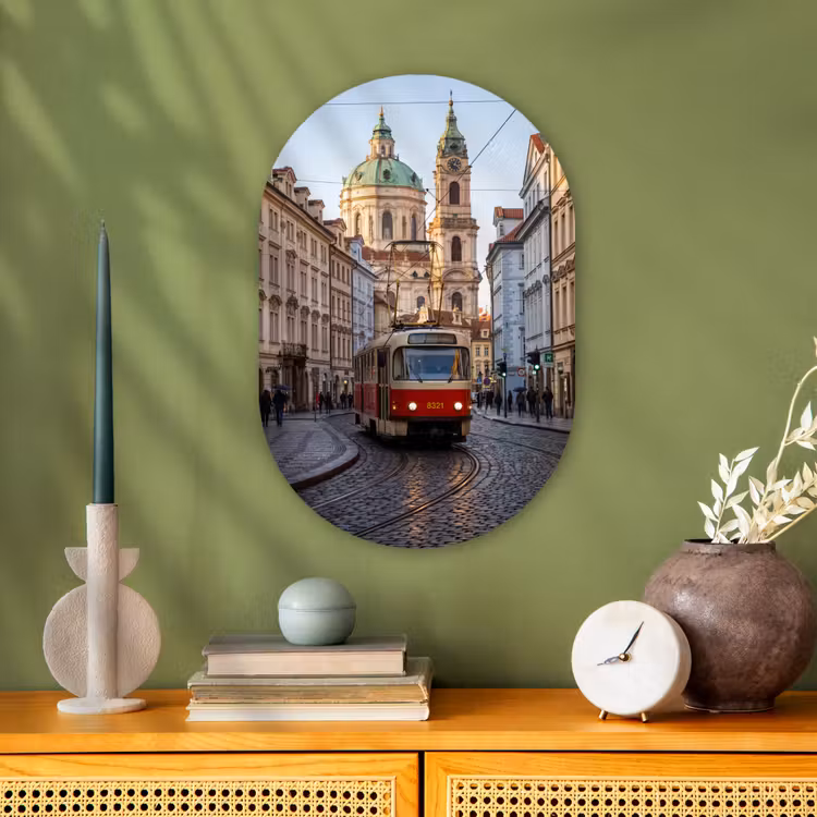 Tram - Straat - Stadsgezicht - Klassiek - Rood Wandcirkel Ovaal Forex klein -sfeer2