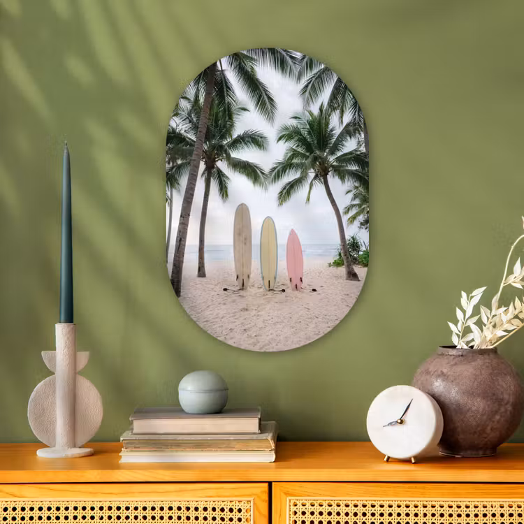 Surfboard - Palmbomen - Kleurrijk Wandcirkel Ovaal Forex klein -sfeer2