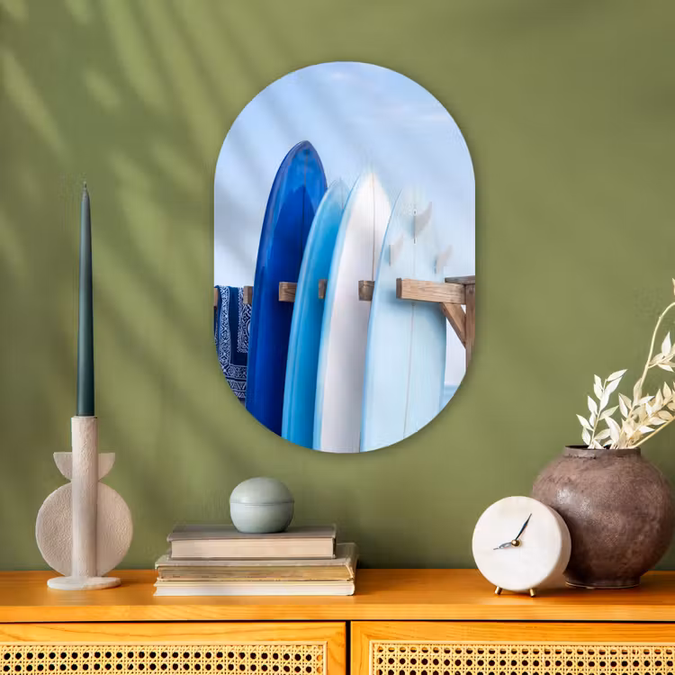 Surfplank - Strand - Zomer - Blauw - Water Wandcirkel Ovaal Forex klein -sfeer2