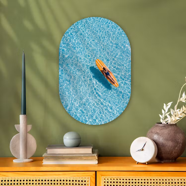 Surfboard - Water - Badpak - Oranje Wandcirkel Ovaal Forex klein -sfeer2
