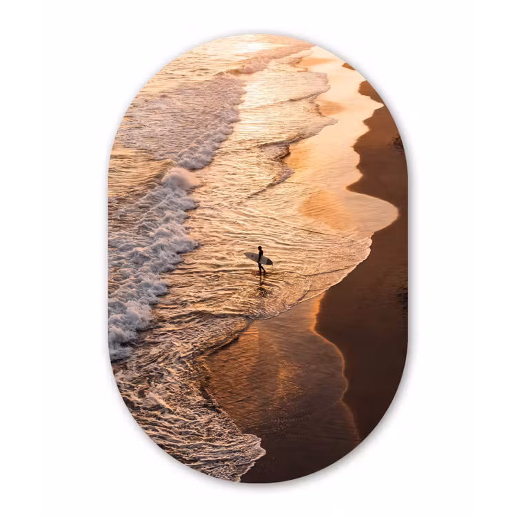 Surfer - Strand - Zonsondergang - Oceaan - Goud Wandcirkel Ovaal Forex klein -3d