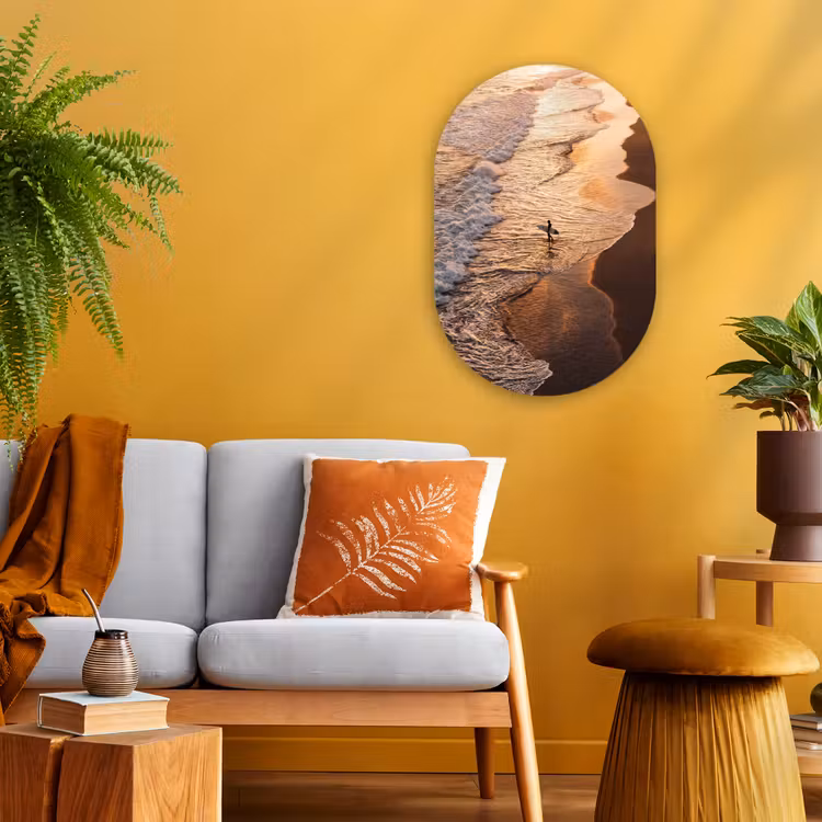 Surfer - Strand - Zonsondergang - Oceaan - Goud Wandcirkel Ovaal Forex klein -sfeer4