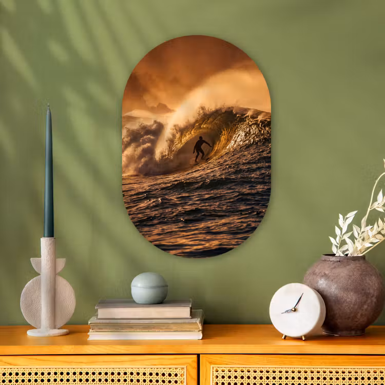 Surfer - Golf - Oceaan - Sport - Oranje Wandcirkel Ovaal Forex klein -sfeer2