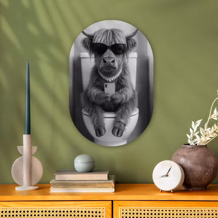 Stier - Telefoon - Toilet - Zwart - Wit Wandcirkel Ovaal Forex klein -sfeer2