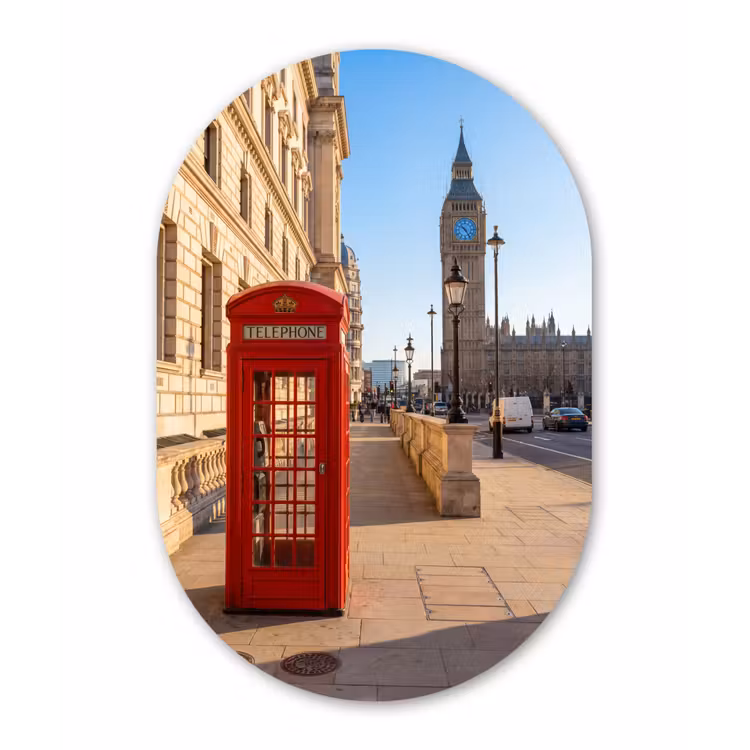 Telefooncel - Rood - Londen - Stad - Architectuur Wandcirkel Ovaal Forex klein -3d