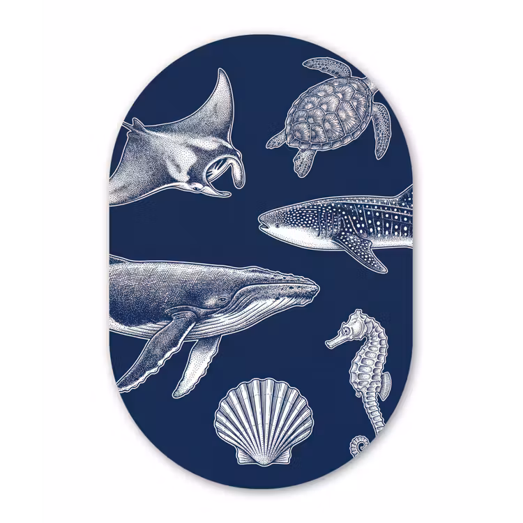 Dieren - Zeeleven - Oceaan - Graveren - Blauw Wandcirkel Ovaal Forex klein -3d