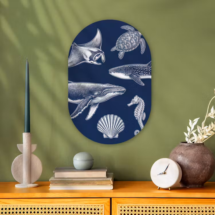 Dieren - Zeeleven - Oceaan - Graveren - Blauw Wandcirkel Ovaal Forex klein -sfeer2
