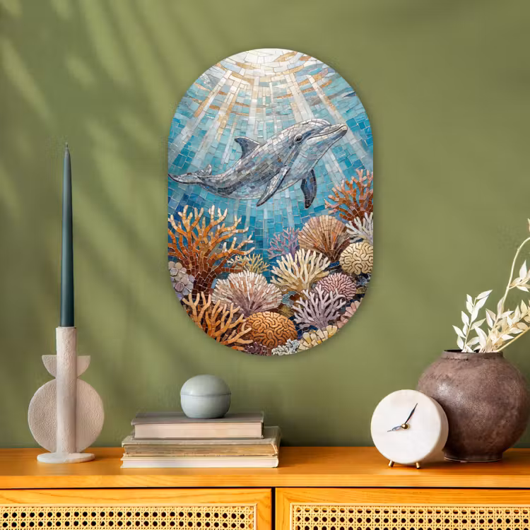 Dieren - Mozaïek - Oceaan - Koraal - Blauw Wandcirkel Ovaal Forex klein -sfeer2