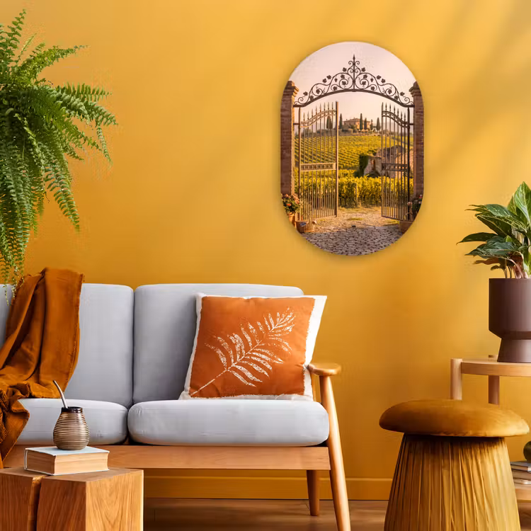 Poort - Landschap - Platteland - Zonlicht - Warm Wandcirkel Ovaal Forex klein -sfeer4