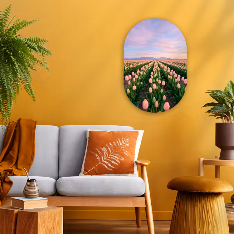 Tulpen - Landschap - Roze Wandcirkel Ovaal Forex klein -sfeer4