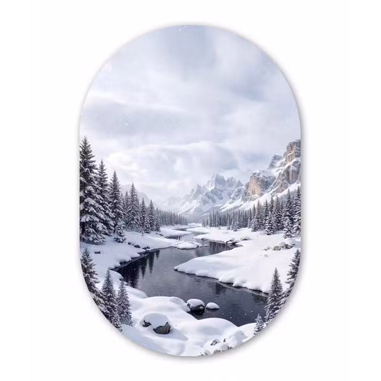 Sneeuwlandschap - Bergen - Rivier - Winter Wandcirkel Ovaal Forex klein -3d
