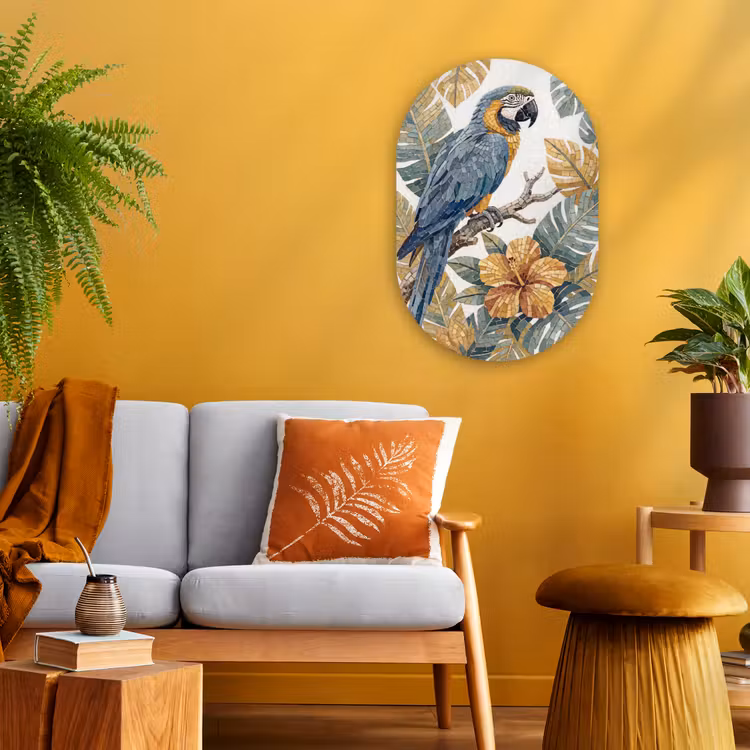 Vogel - Tak - Natuur - Mozaïek - Blauw Wandcirkel Ovaal Forex klein -sfeer4
