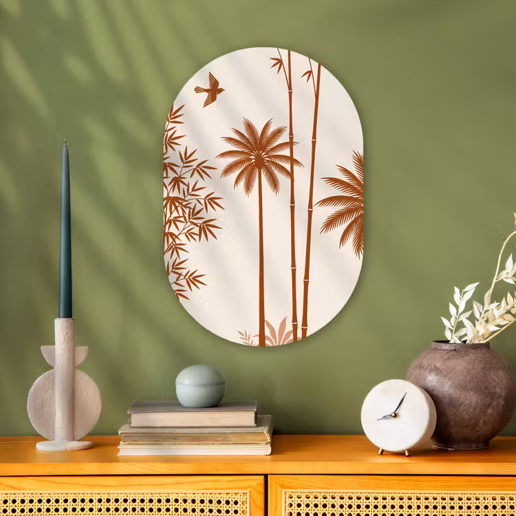 Vogel - Boom - Tropisch - Minimalistisch - Bruin Wandcirkel Ovaal Forex klein -sfeer2