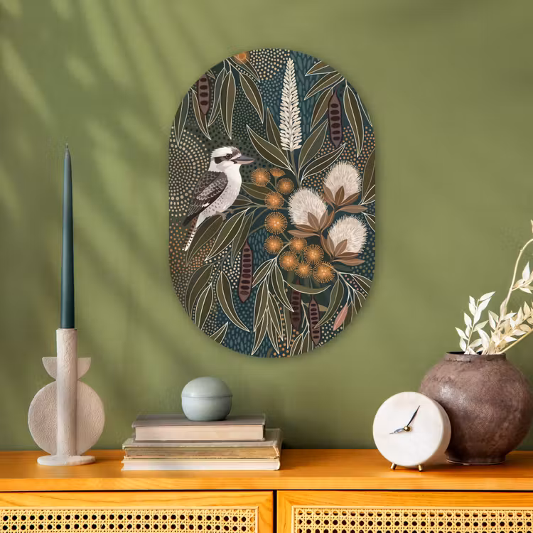 Vogel - Bladeren - Natuur - Illustratie - Groen Wandcirkel Ovaal Forex klein -sfeer2