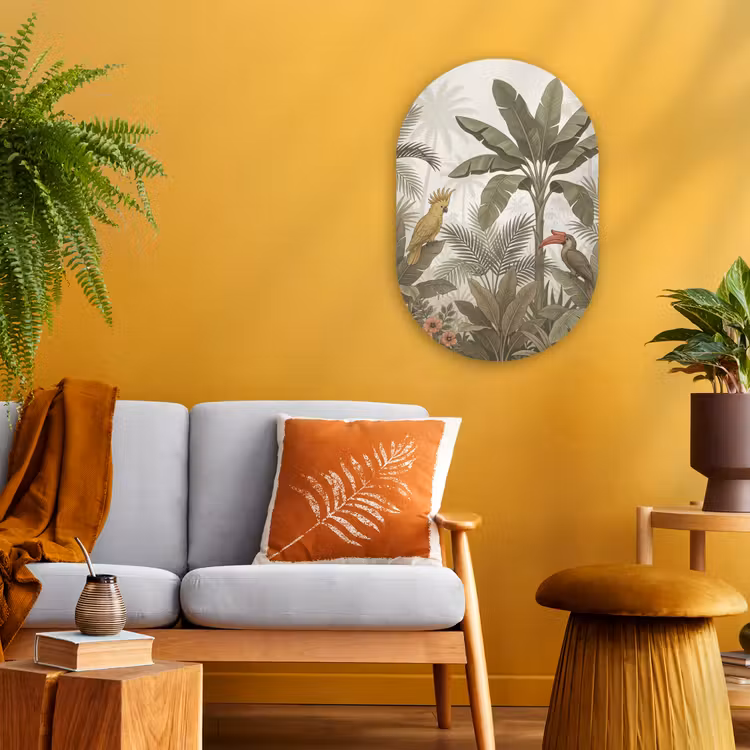 Vogel - Jungle - Tropisch - Illustratie - Groen Wandcirkel Ovaal Forex klein -sfeer4