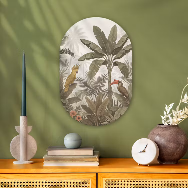 Vogel - Jungle - Tropisch - Illustratie - Groen Wandcirkel Ovaal Forex klein -sfeer2