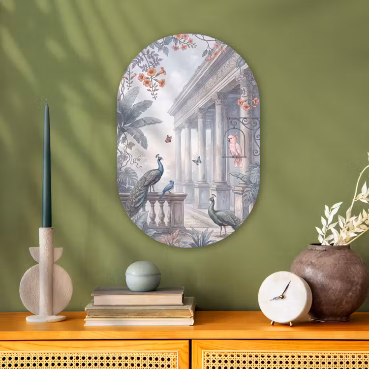 Vogel - Pauw - Architectuur - Klassiek - Groen Wandcirkel Ovaal Forex klein -sfeer2