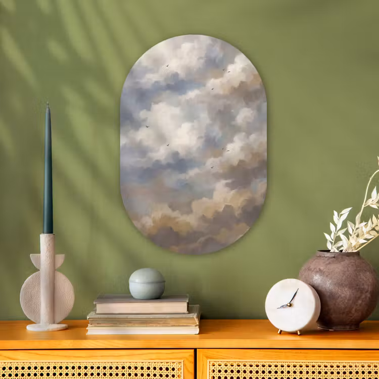 Vogel - Wolken - Natuur - Modern - Grijs Wandcirkel Ovaal Forex klein -sfeer2