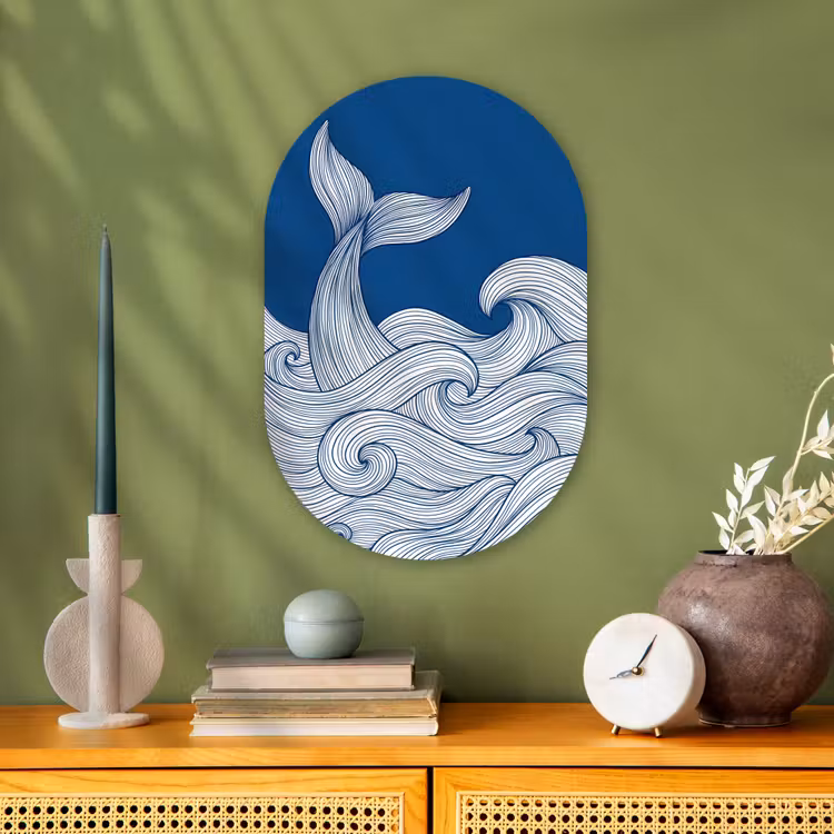 Walvis - Staart - Golven - Lijntekening - Blauw Wandcirkel Ovaal Forex klein -sfeer2