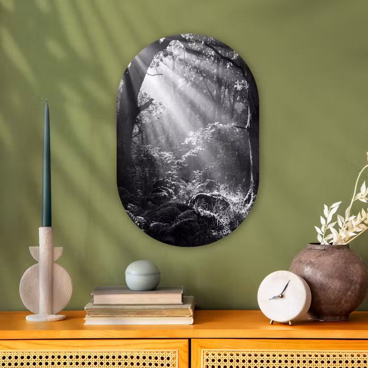 Bos - Lichtstralen - Natuur - Zwart-wit Wandcirkel Ovaal Forex klein -sfeer2