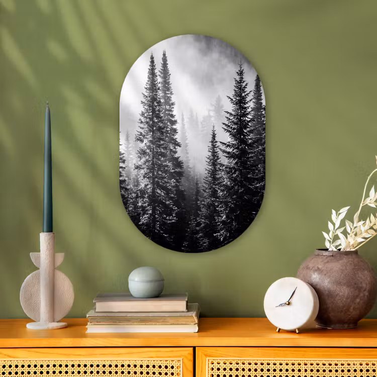 Bos - Mist - Winter - Monochroom - Natuur Wandcirkel Ovaal Forex klein -sfeer2