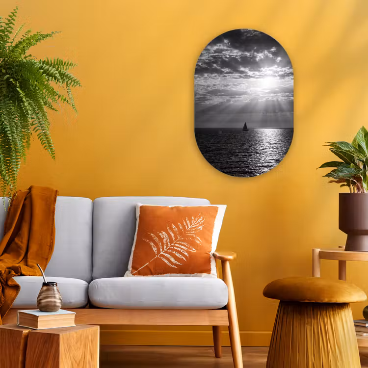 Water - Boot - Lucht - Natuur - Zwart-wit Wandcirkel Ovaal Forex klein -sfeer4