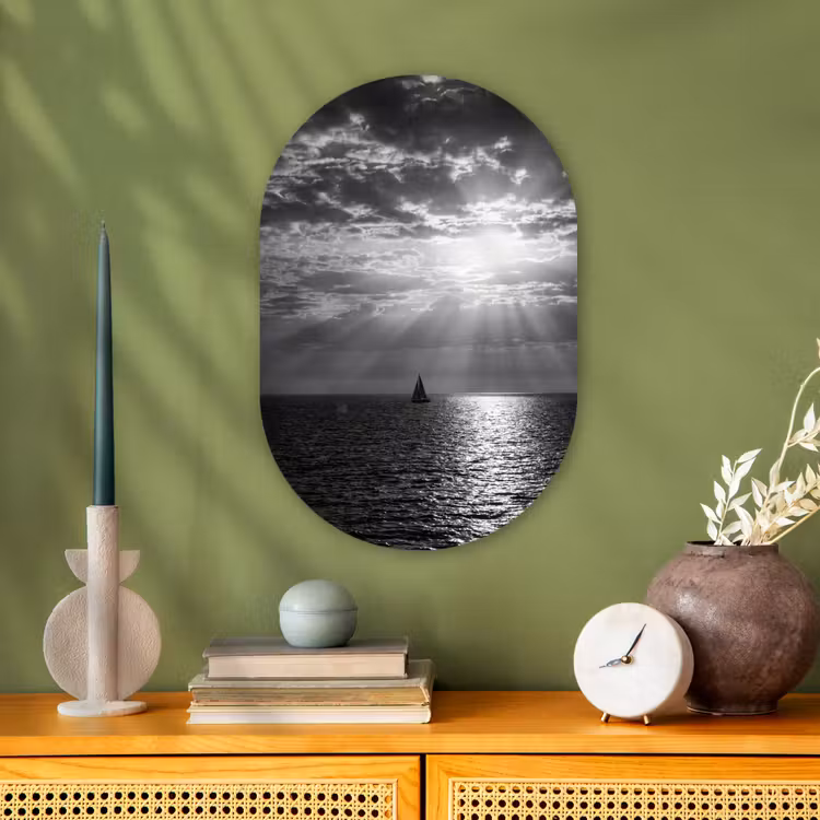 Water - Boot - Lucht - Natuur - Zwart-wit Wandcirkel Ovaal Forex klein -sfeer2