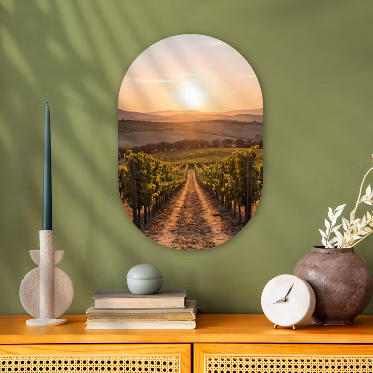 Wijngaard - Zonsondergang - Landschap Wandcirkel Ovaal Forex klein -sfeer2