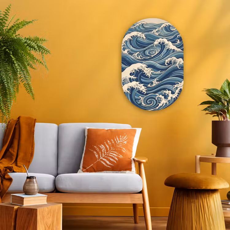 Golven - Zee - Natuur - Abstract - Blauw Wandcirkel Ovaal Forex klein -sfeer4