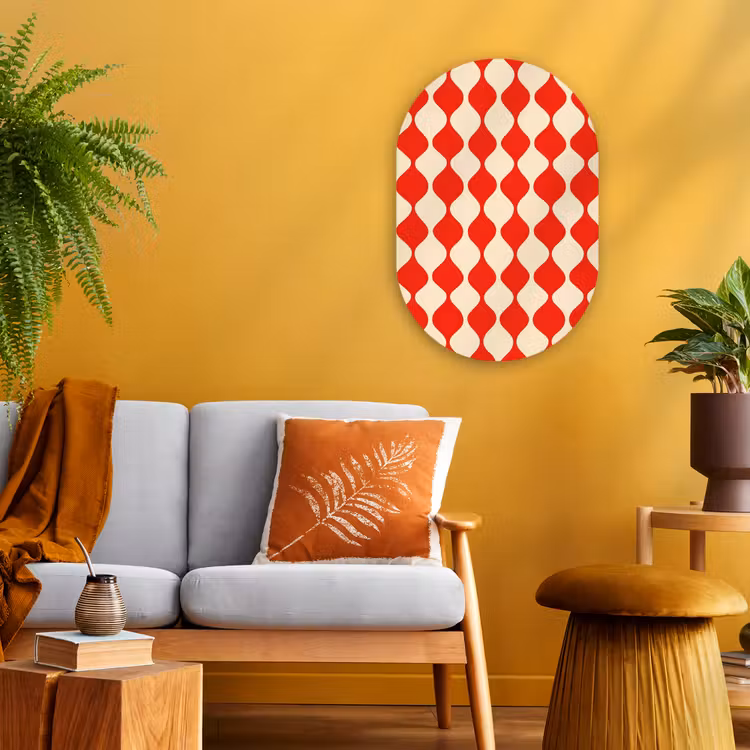 Golvend patroon - Retro - Rood - Beige Wandcirkel Ovaal Forex klein 630 -sfeer4