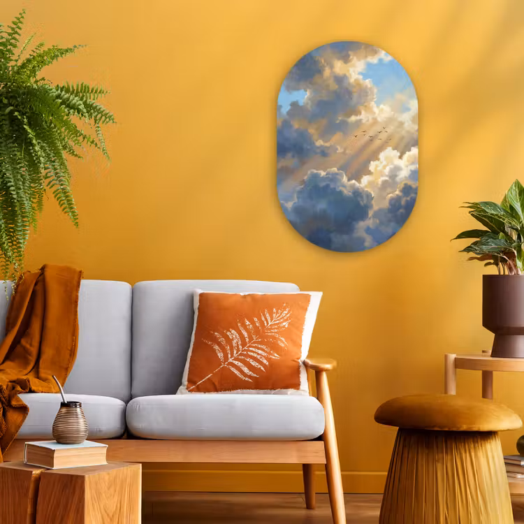Wolken - Zonnestralen - Natuur - Abstract - Blauw Wandcirkel Ovaal Forex klein -sfeer4