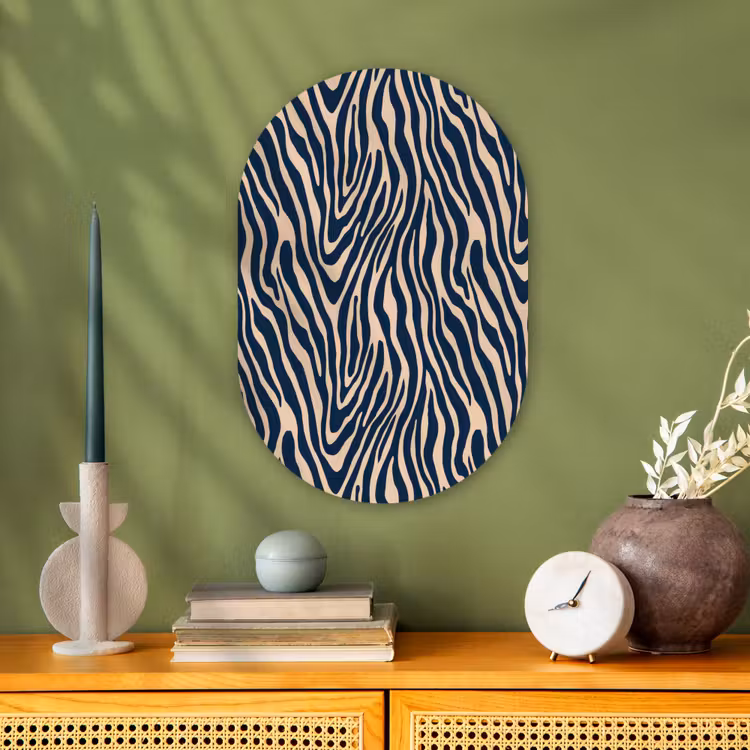 Zebra - Patroon - Blauw - Beige Wandcirkel Ovaal Forex klein 630 -sfeer2