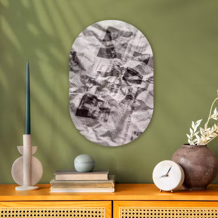 Krant - Gekreukeld - Textuur - Vintage - Zwart-wit Wandcirkel Ovaal Forex klein -sfeer2